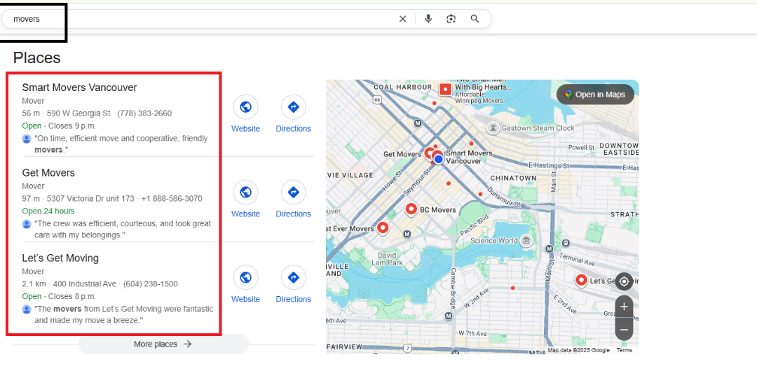 Moving Company SEO Result Screenshot