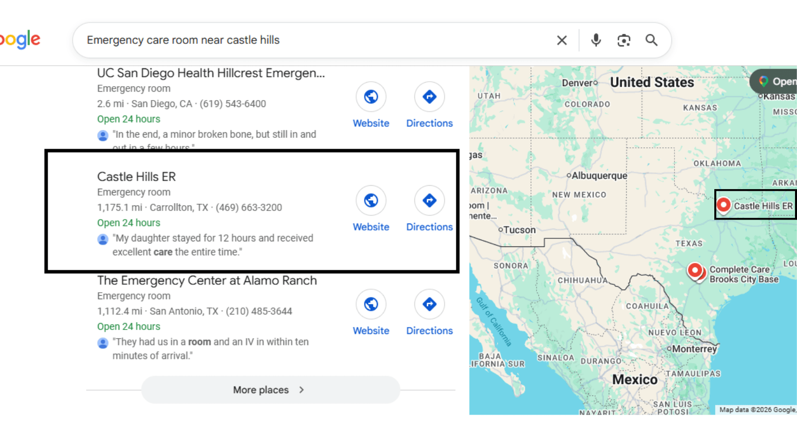 Castle Hills ER Google Business Profile result screenshot