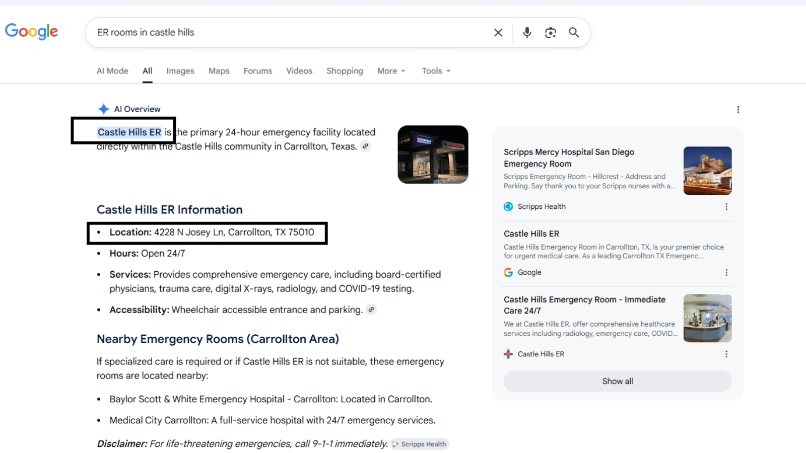 Castle Hills ER AI Overview visibility screenshot