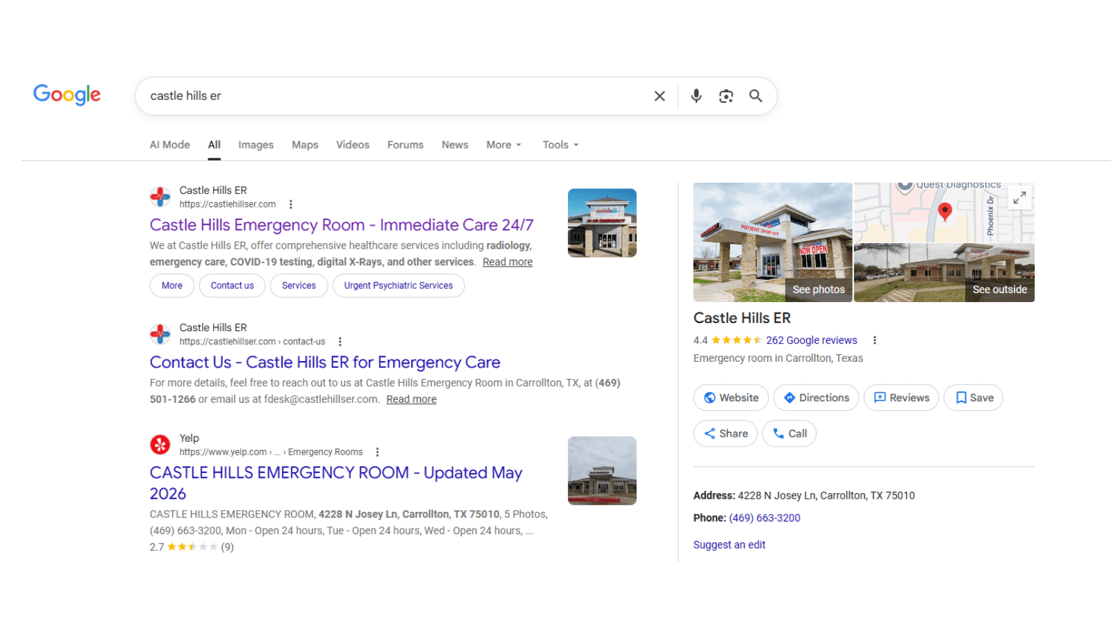 Castle Hills ER AI visibility profile screenshot