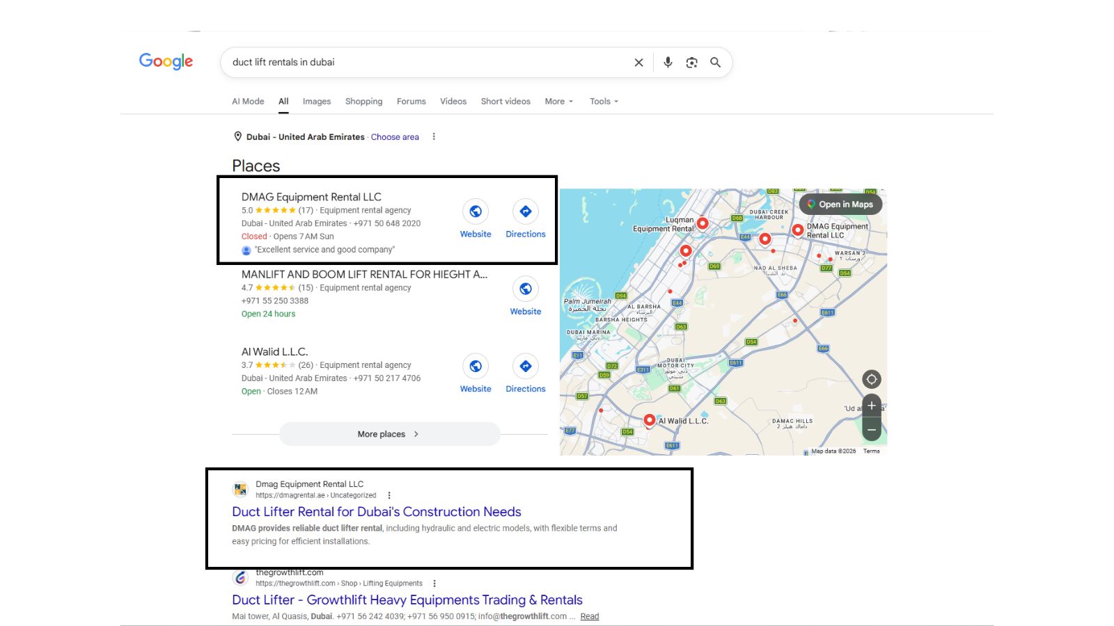 DMAG Equipment Rental GBP and keyword ranking screenshot