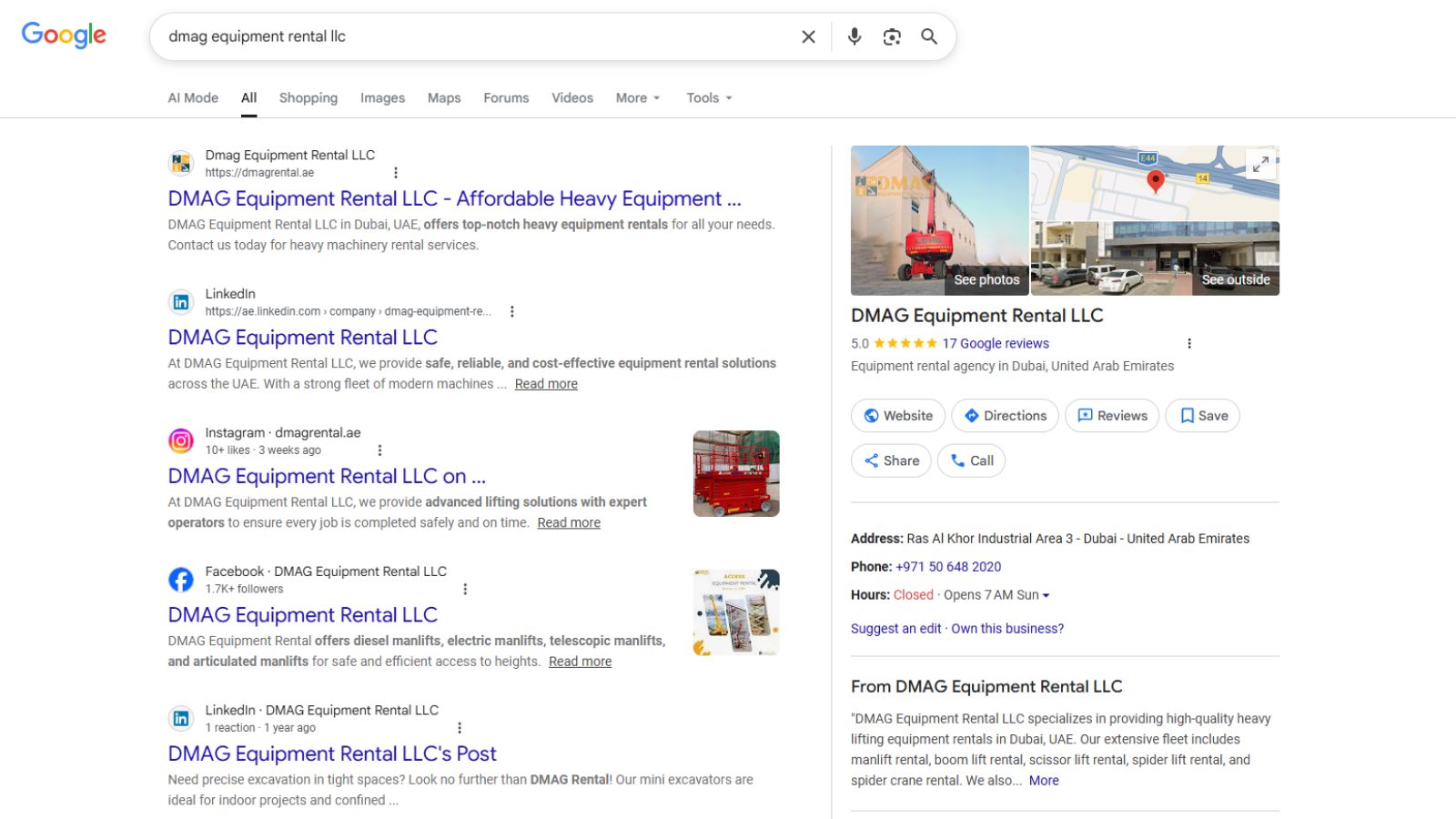 DMAG Equipment Rental Google Business Profile screenshot
