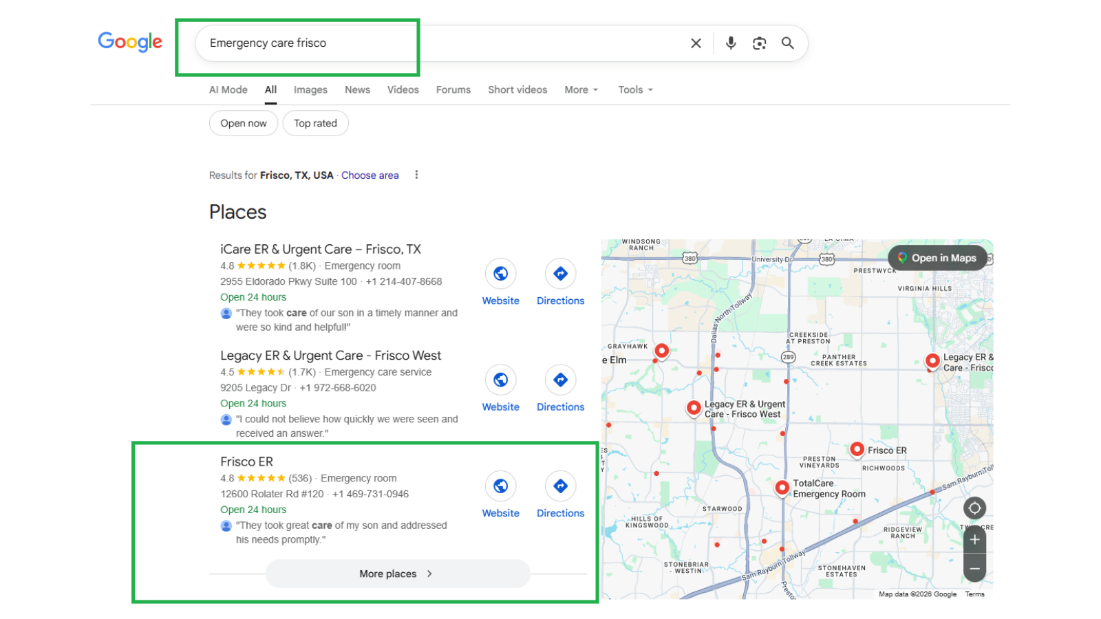 Frisco ER local map result screenshot