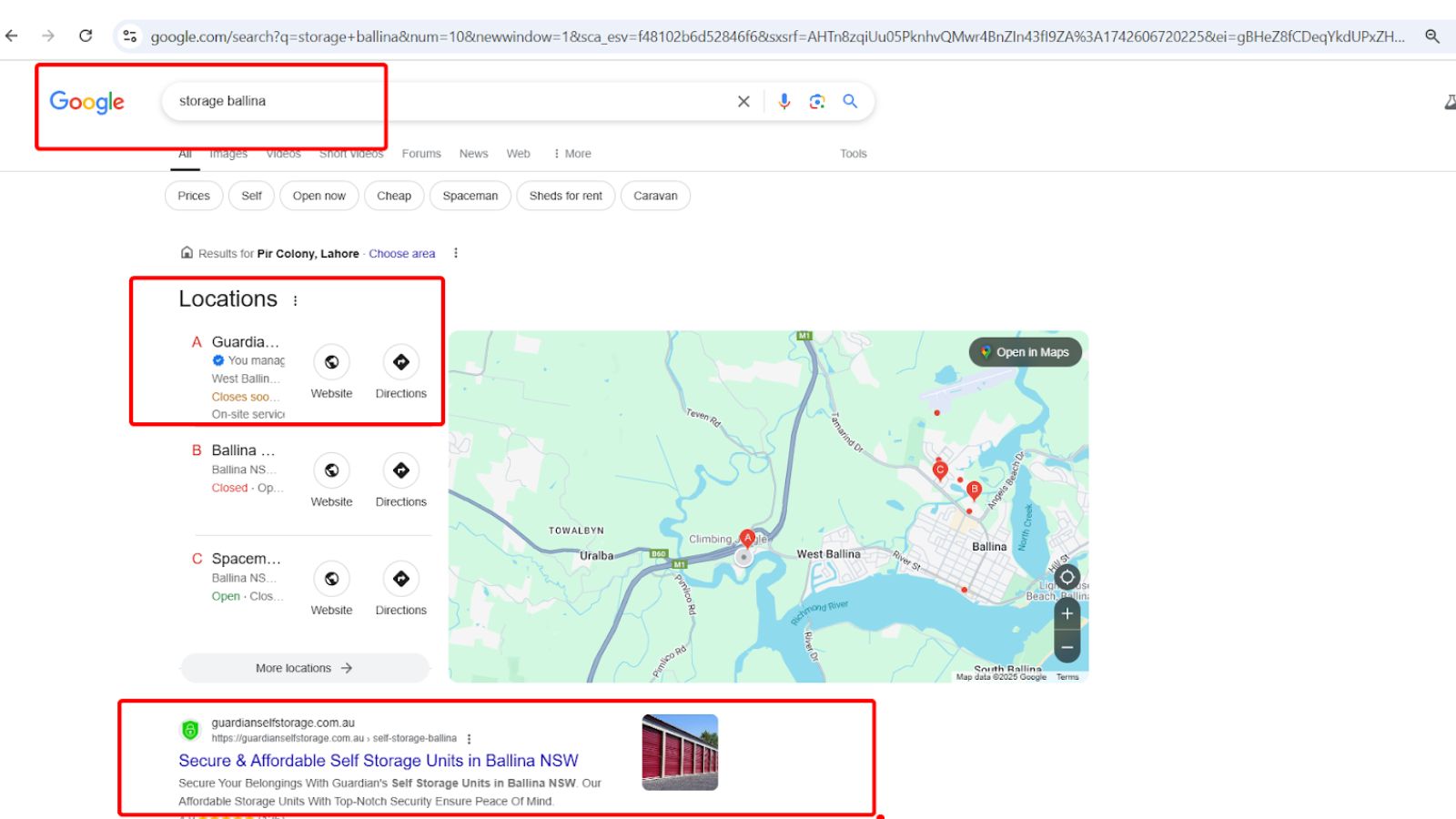 Guardian Self Storage storage keyword ranking performance screenshot