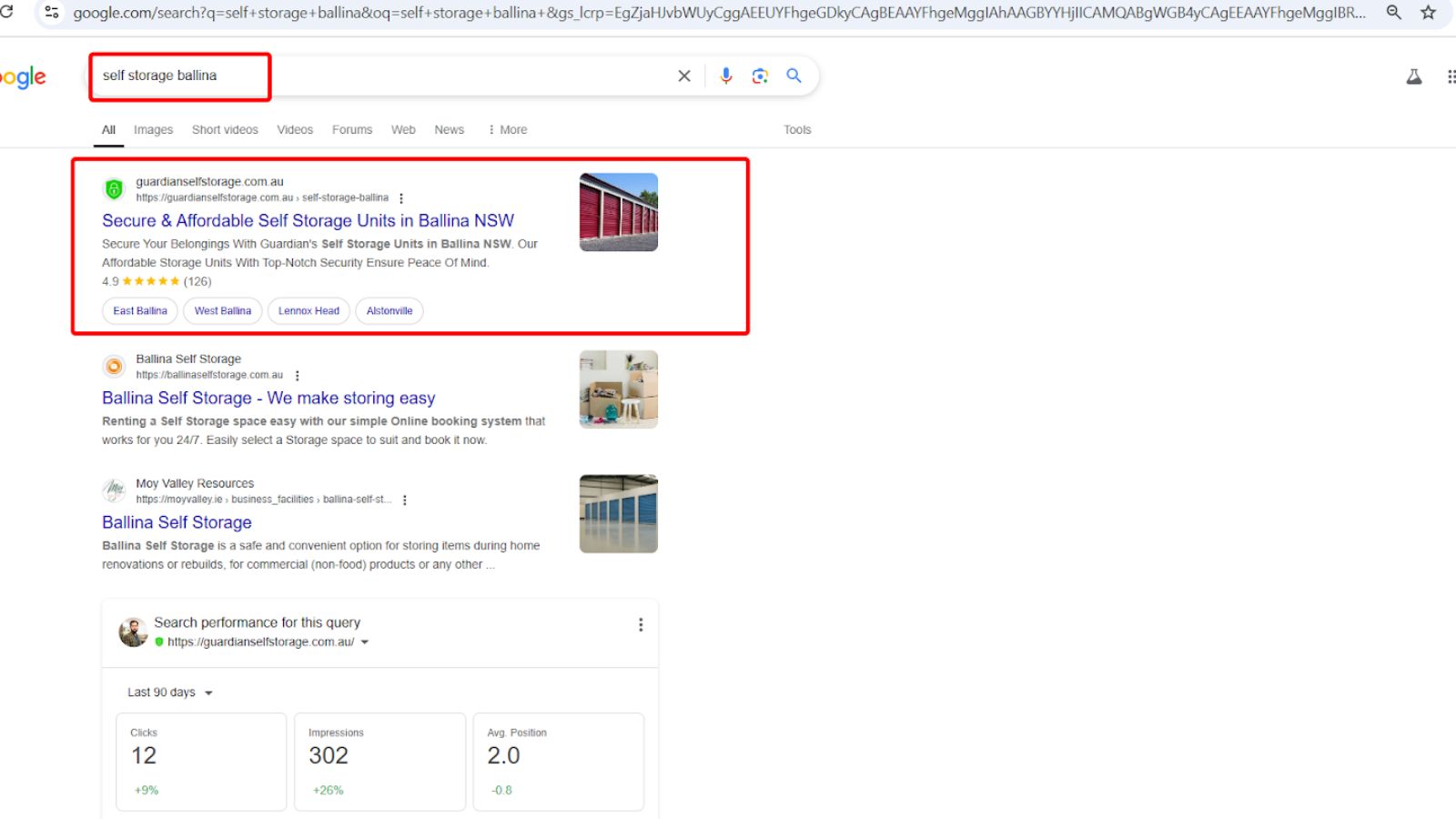 Guardian Self Storage SEMrush organic traffic and AI visibility screenshot